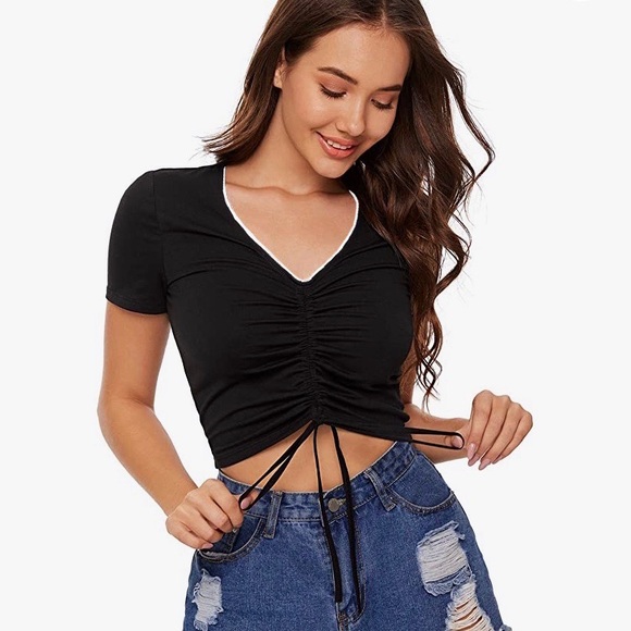 SHEIN | Tops | Shein Black Vneck Drawstring Crop Top | Poshmark